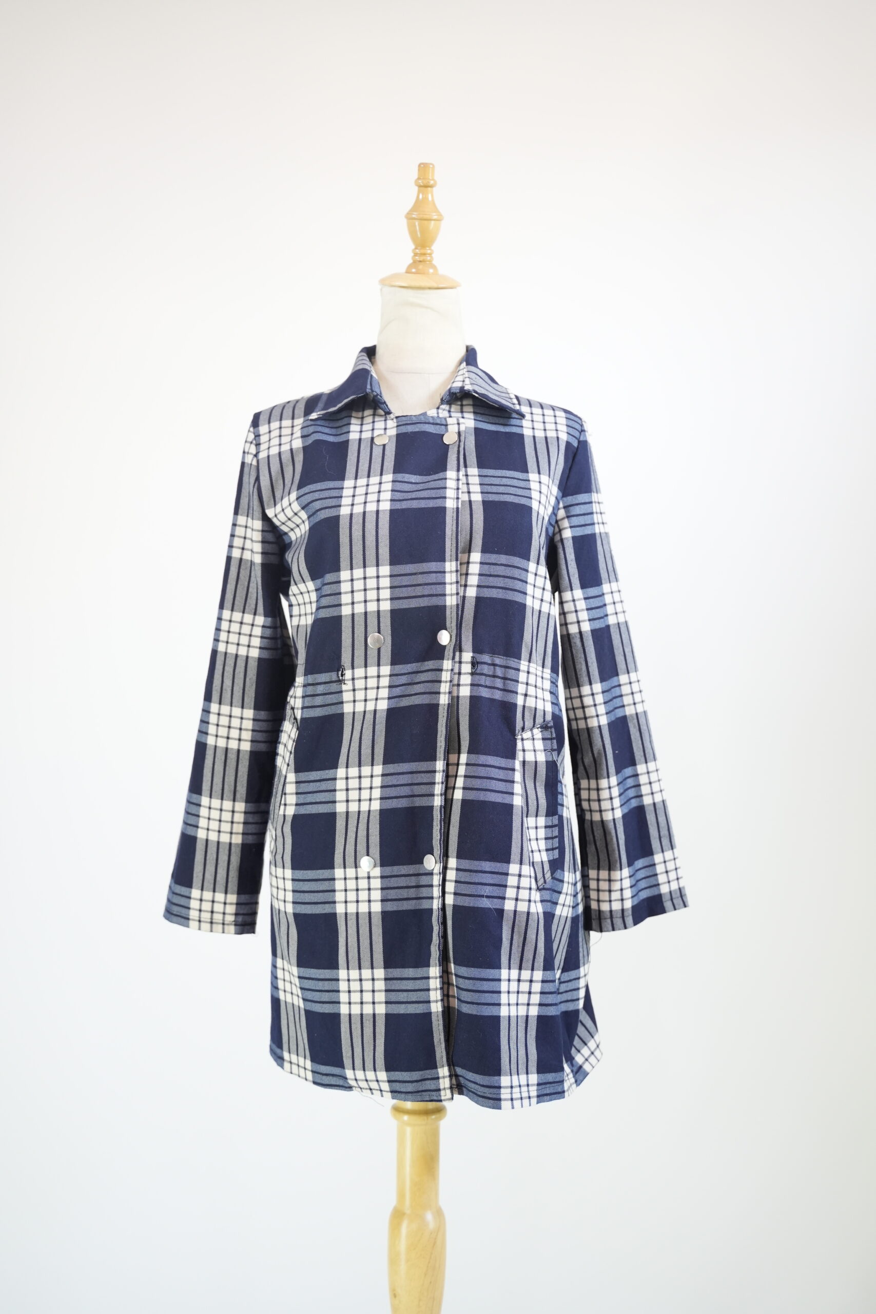 White and Blue Check Double Breasted Shirt Coat