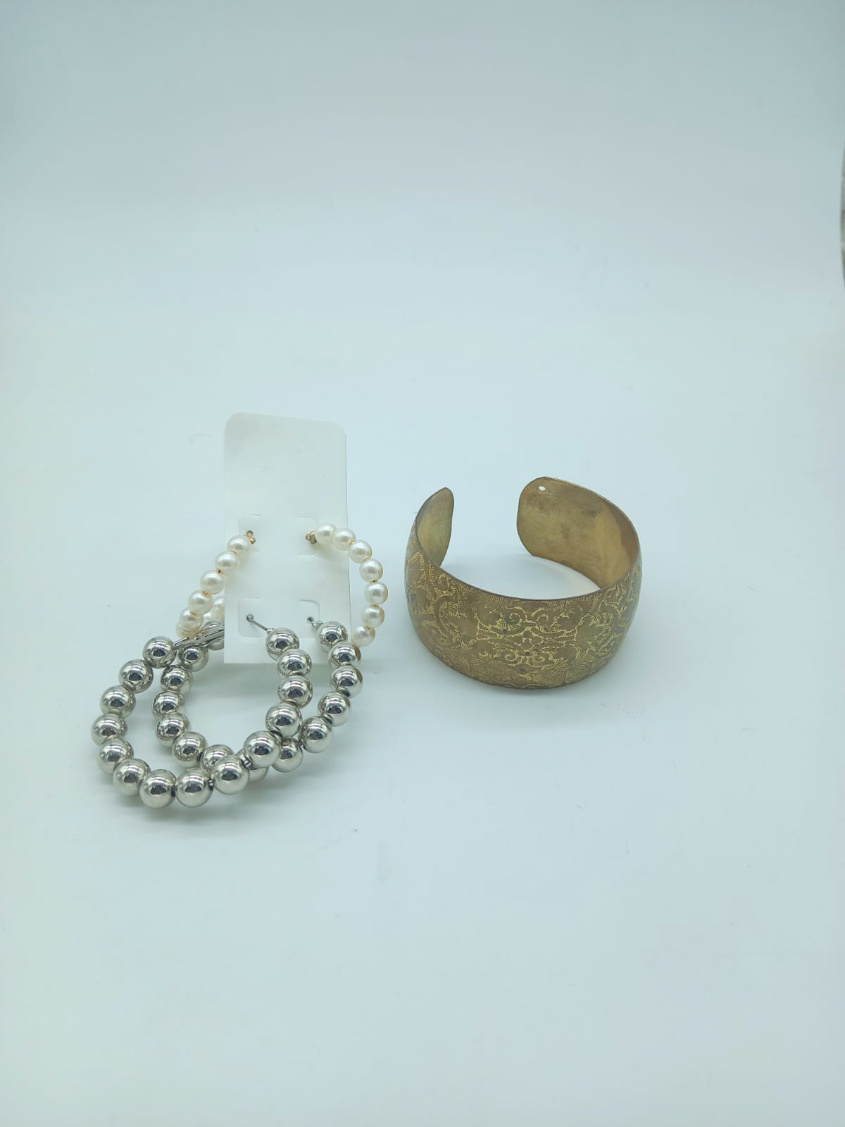 Golden Cuff Bangle and Pearl Hoop Earrings for Women (COMBO DEAL)